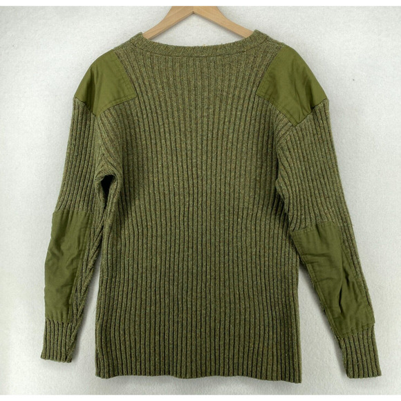 Army Commander Sweater Men M Wool Ribbed Elbow Shoulder Patch Military Green Vtg - Picture 3 of 13